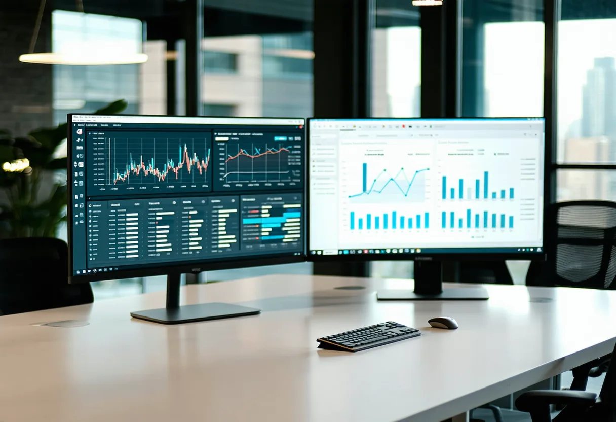 Modern workspace with IT professional consulting with a client at a clean desk