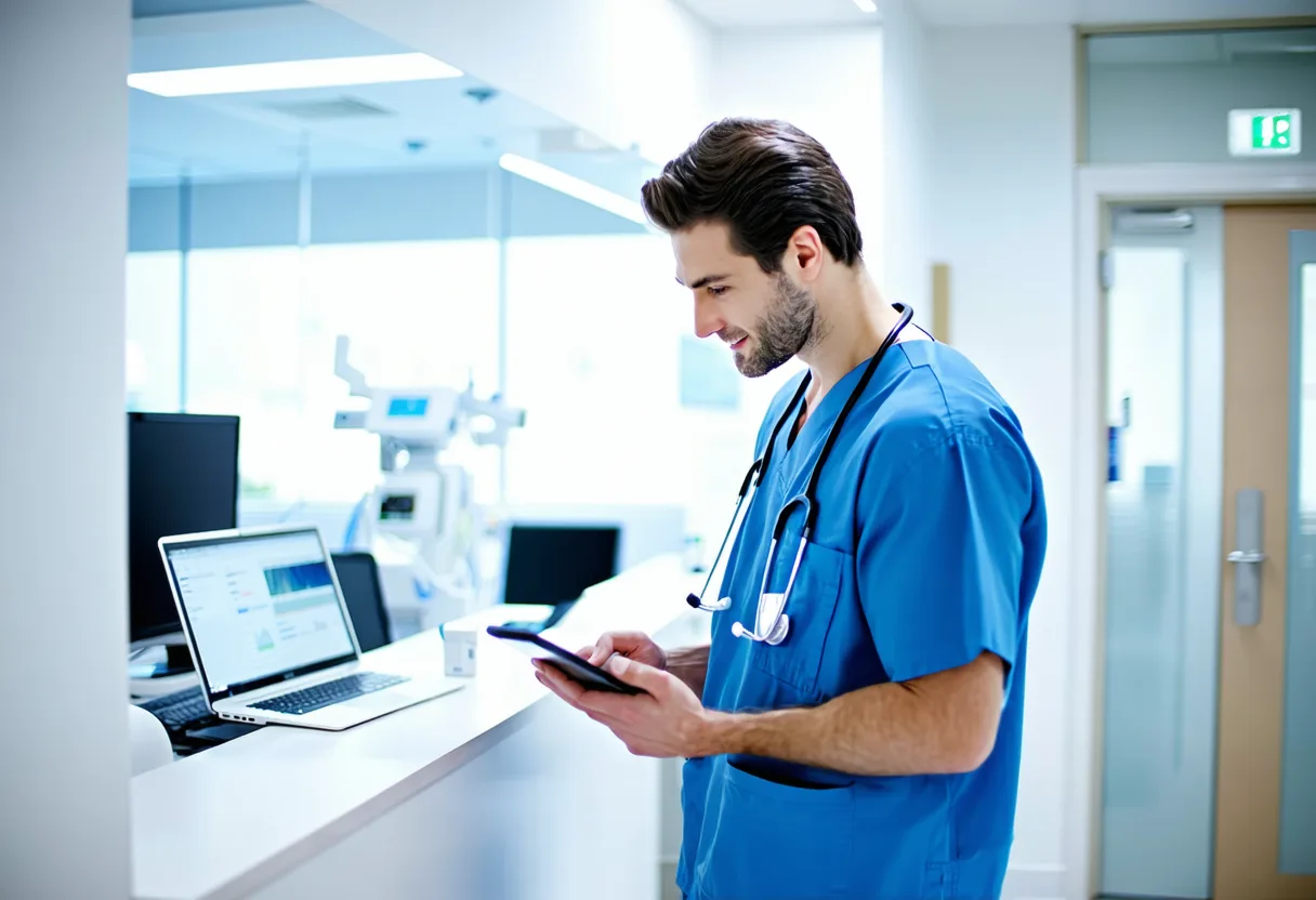 Healthcare practice with medical professionals reviewing patient data securely