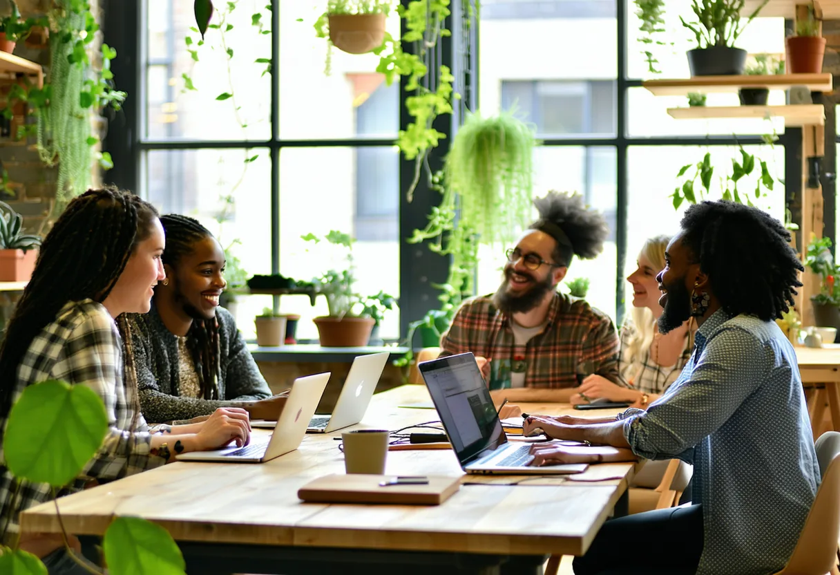 Nonprofit team collaborating in an open workspace environment
